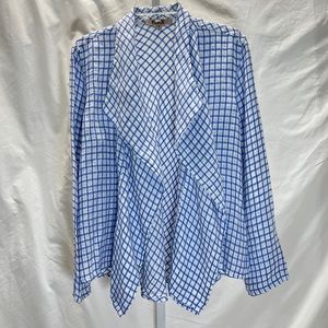 FLAX Womens S Jacket Blue & White plaid 110% Linen Waterfall Open cardigan